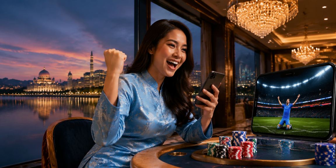 Pengguna wanita berbaju kurung mengakses sukan maya winboxmy melalui telefon di Putrajaya